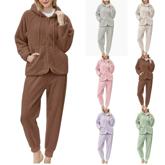 Xdegoge Fleece Pajama Sets for Women 2 Piece Fuzzy Pjs Casual Homewear Outfits Warm Zip Up Drawstring Hooded Nightwear Long Sleeve Cozy Soft Thermal Nightwear with Pockets Loose High Waist Pants