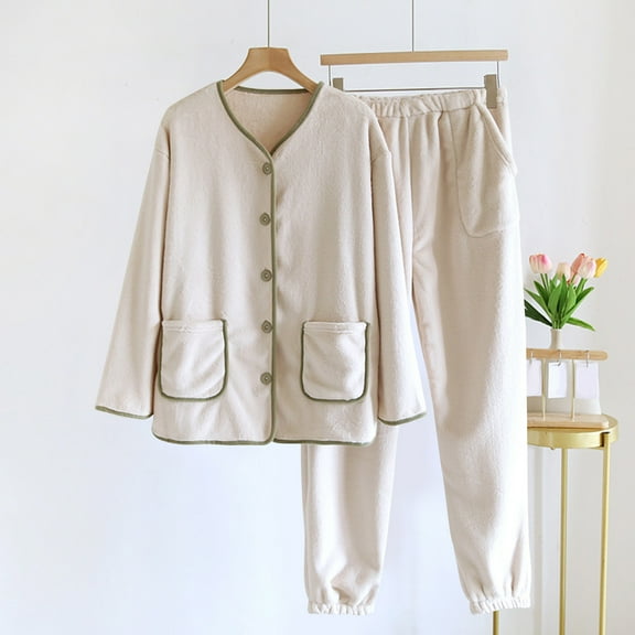 Xdegoge Fleece Pajama Sets for Women Pjs 2 Piece Thermal Lounge Homewear Button Down V-Neck Sleepwear Long Sleeve Nightwear High Waisted Warm Cuffed Pants with Pockets Comfy Loungewear Fit Home