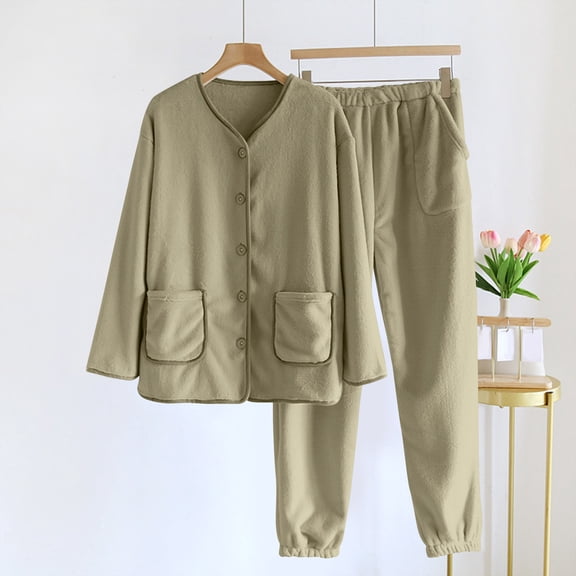 Xdegoge Fleece Pajama Sets for Women Pjs 2 Piece Thermal Lounge Homewear Button Down V-Neck Sleepwear Long Sleeve Nightwear High Waisted Warm Cuffed Pants with Pockets Comfy Loungewear Fit Home