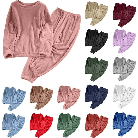 Xdegoge Fleece Pajama Sets for Women Matching 2 Piece Outfits Long Sleeve Crewneck Tops Elastic Waist Pants Set Lounge Pjs Sleepwear