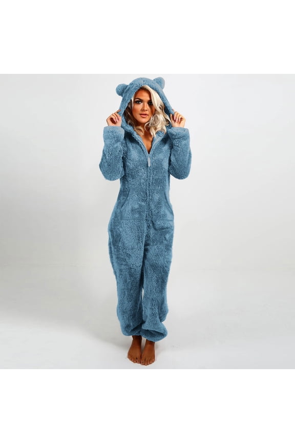 Fleece Pajamas Women Cozy Long Sleeve Onesies with Pockets Fuzzy Cute Ear Hooded Zip Up Romper Sleepwear Winter Lounge Solid Color Jumpsuit One Piece Pjs