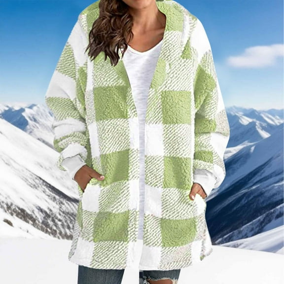 Xdegoge Fleece Plaid Jackets for Women Open Front Long Sleeve Sherpa Cardigan Coat Mid-Length Oversized Trendy Fluffy Hooded Jacket 2025 Winter Thick Warm Coat