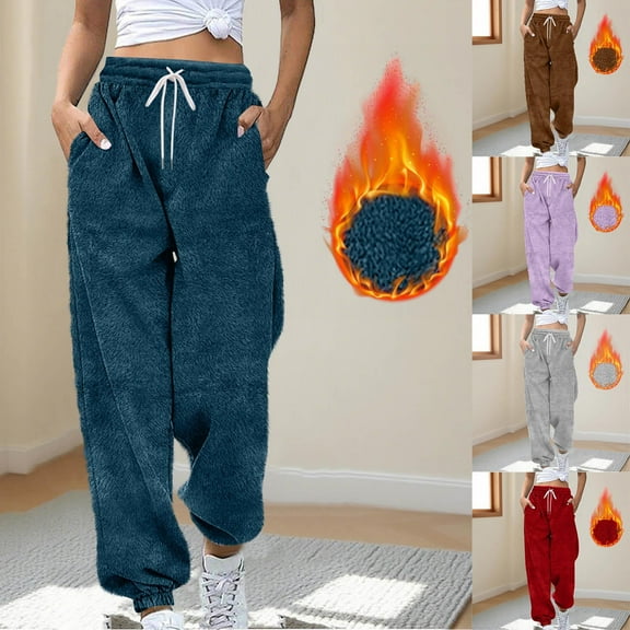 Xdegoge Fleece Sweatpants Women Elastic Drawstring Waist Joggers Casual Fuzzy Sherpa Pants Fall Winter Outdoor Activities Warm Bottoms with Pockets