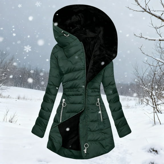 Xdegoge Fleece Winter Coats for Women Warm Sherpa Lined Quilted Down Coats Thermal Padded Tunic Fashion Jacket Hooded Womens Puffer Jackets with Zipper Pockets