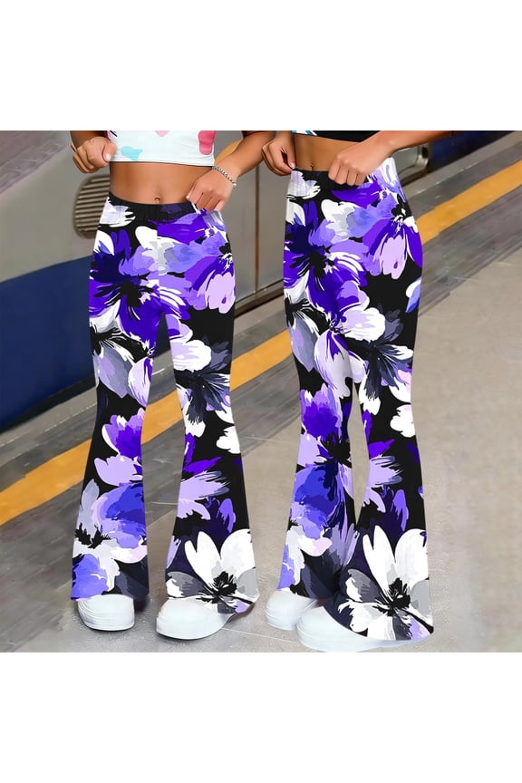 Floral Print Flared Leggings for Women High Waist Stretchy Bell Bottom Pants Casual Boho Wide Leg Trousers for Yoga Lounge Everyday Wear Comfy Bottoms