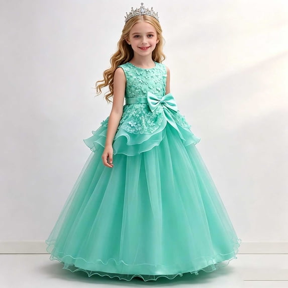 Xdegoge Flower Girl Dresses Sleeveless 3D Floral Applique Maxi Gown Peplum Overlay Tulle Skirt Big Bowknot Wedding Bridesmaid Evening Dance Elegant Attire Size 14 Years