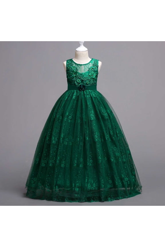 Flower Girl Dresses for Wedding Lace Floral Embroidered V-Neck Satin Waist Full Length Tulle Ball Gown Kids Formal Pageant Party Dance Performance Ceremony Gown Size 11 Years
