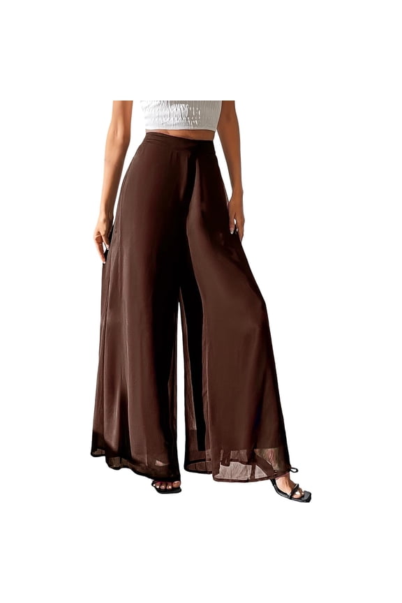 Flowy Palazzo Pants for Women High Waisted Wide Leg Trousers Chiffon Sheer Overlay Lightweight Breathable Elegant Flattering Evening Party Beach Resort Wear