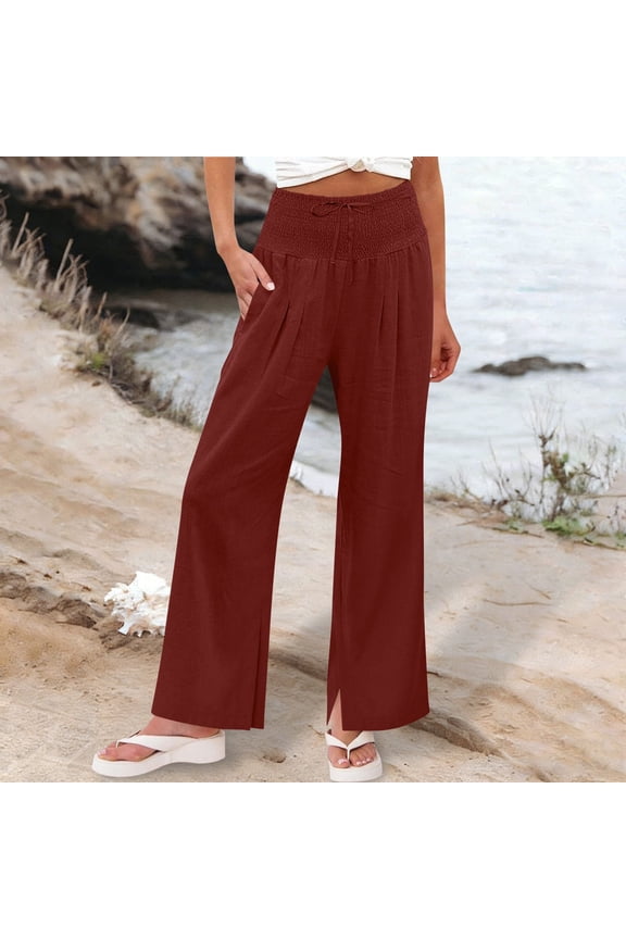 Flowy Wide Leg Pants for Women High Smocked Waist Casual Trousers with Side Slits Pockets Lightweight Boho Summer Lounge Bottoms Trendy Chic Beachwear