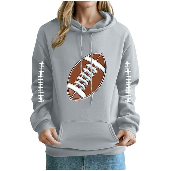 Xdegoge Football Hoodies for Women Funny Print Long Sleeve Drawstring Hooded Sweatshirt with Pocket Game Day Casual Loose Pullover Tops 2025 Winter Workout Outfits
