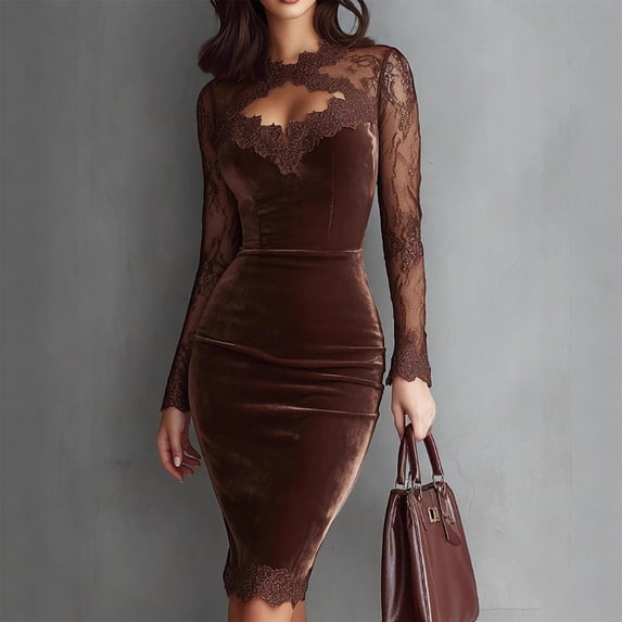 Xdegoge Formal Dress for Women Mesh Velvet Patchwork Dresses Long Sleeve V Neck Lace Dress Stylish Solid Color Wrap Dresses for Meeting, Weeding Guest