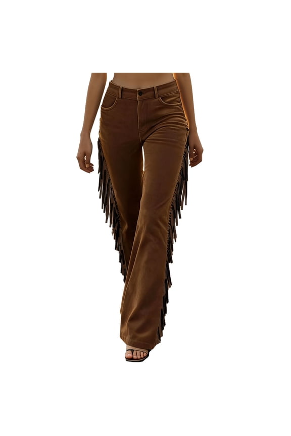 Fringe Jeans for Women Flared Leg High Rise Boho Suede Pants with Side Tassels Trendy Casual Party Streetwear