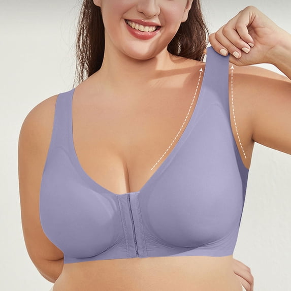 Xdegoge Front Closure Bras for Women Plus Size Full Support Wirefree Bra with Extra Wide Straps V-Neck Smoothing Back Design Comfortable Sleep Lounge Bralettes