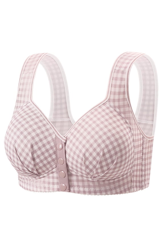 Front Closure Comfort Bra for Women Wirefree Support Bralette with Classic Gingham Plaid Pattern Wide Non-Slip Straps Full Coverage Breathable Daily Leisure Bra