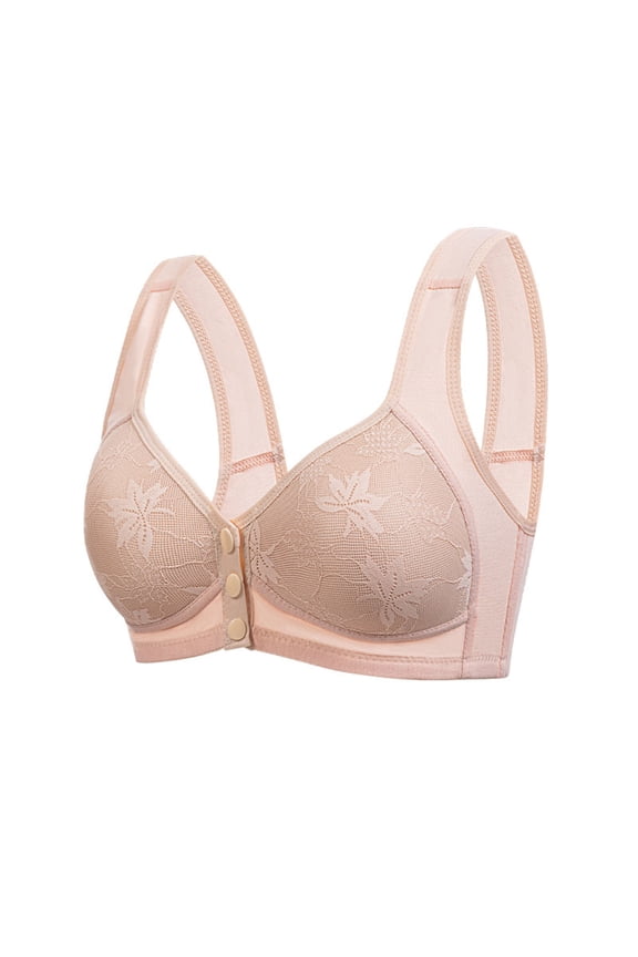 Front Closure Support Bra for Women Wireless Lace Bralette with Leaf Pattern Mesh Breathable Lining Wide Padded Straps Full Coverage Comfort Bra for Mature Women