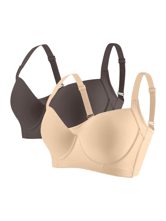 2 Pack Full Coverage Bras for Women Modal Plus Size Push Up Underwire Spaghetti Adjustable Strap Bra Padded with Support Comfortable Plunge Casual Brassiere