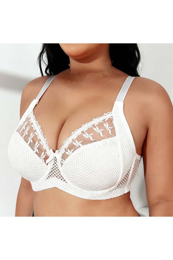 Full Figure Lace Bras for Women Underwire Support Plunge Bralettes with Sheer Mesh Panels Wide Side Smoothing Wings Elegant Lifting Bra for All-Day Comfort
