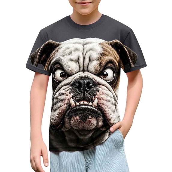 Xdegoge Funny 3D Bulldog Printed Tees for Kids Boys Girls Cool Animal Graphic T-Shirts Short Sleeve Crewneck Casual Summer Tops, Size 7-8