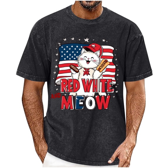Xdegoge Funny 4th of July T Shirt for Men Red White and Meow Cat Hot Dog Graphic Tee Short Sleeve Crewneck Distressed Retro Patriotic USA Independence Day Shirts