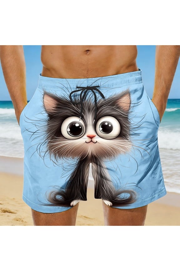 Funny Board Shorts for Men Quick Dry Swim Trunks with Drawstring Elastic Waist 3D Animal Kitten Graphic Beach Shorts Mesh Lined Casual Summer Surf Trunks
