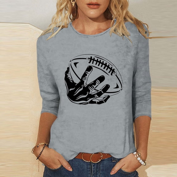 Xdegoge Funny Football Game Day Shirt for Women Hand Holding Ball Graphic Tee 3/4 Sleeve Tops Superbowl Shirts 2026