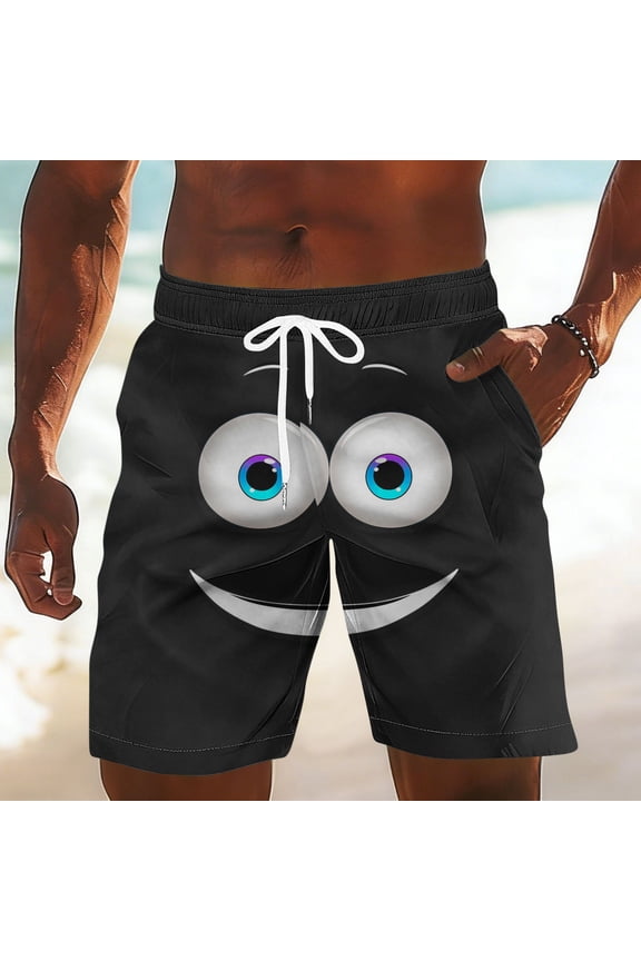 Funny Print Swim Trunks for Men Quick Dry Board Shorts with Mesh Liner Cute Smile Face Beach Shorts Lightweight Bathing Suits for Swimming Pool Party