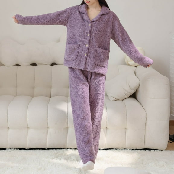 Xdegoge Fuzzy Fleece Pajama Set for Women Thermal 2 Piece Outfits Button Down Long Sleeve Nightwear V-Neck Thick Warm Soft Cozy Sleepwear with Pockets Wide Leg Pants Trendy Matching Homewear