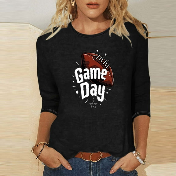 Xdegoge Game Day Football Shirt for Women Classic Ball Graphic 3/4 Sleeve Tops Crewneck Superbowl Shirts