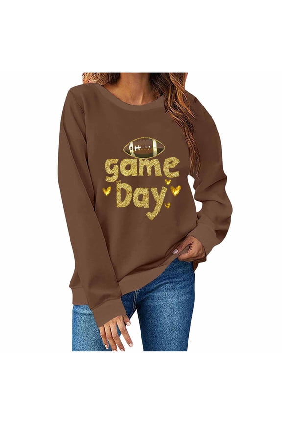 Game Day Sweatshirt Women Funny Sparkly Glitter Football Print Long Sleeve Crew Neck Tops Loose Fit Casual Party Tailgate Wear Outfits