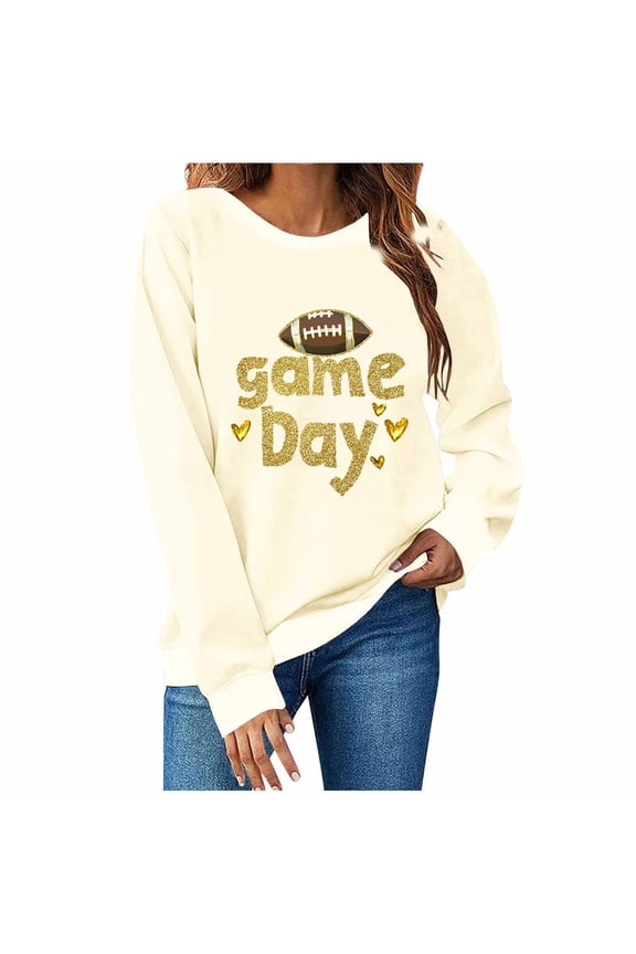 Game Day Sweatshirt Women Funny Sparkly Glitter Football Print Long Sleeve Crew Neck Tops Loose Fit Casual Party Tailgate Wear Outfits