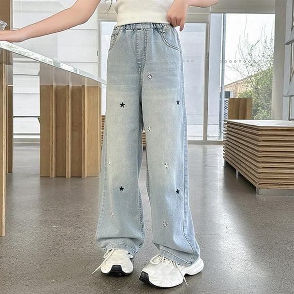 Xdegoge Girl Pants Size 10-12 Elastic Waist Wide Leg Jeans Baggy Jeans for Teens Loose Fit Denim Pants Straight Leg Jeans Y2K Jeans Navy 10-12 Pantalones Vaqueros Para Niñas