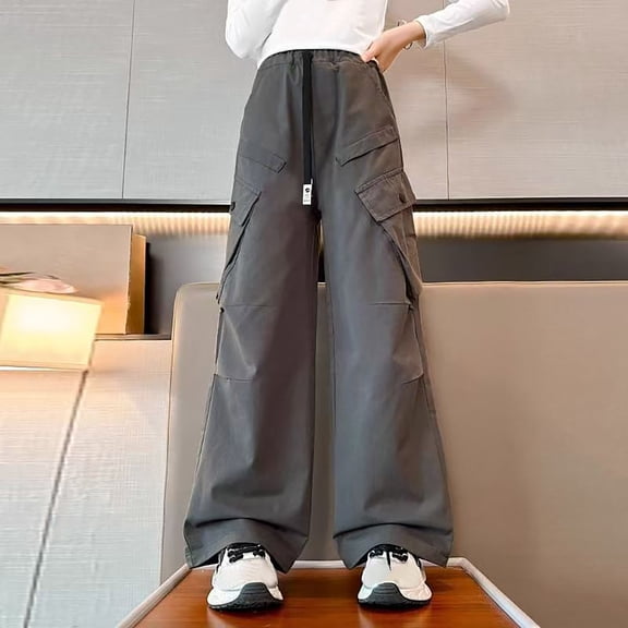 Xdegoge Girl's Casual Cargo Pants Wide Leg with Side Pockets Zipper Kids High Waisted Flare Trousers