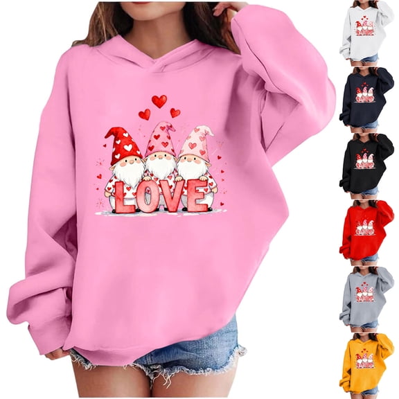 Xdegoge Girl's Cute Gnomes Love Print Hoodie, Valentine's Day Themed Sweatshirt Long Sleeve Hooded Holiday Sweatshirts with Pocket