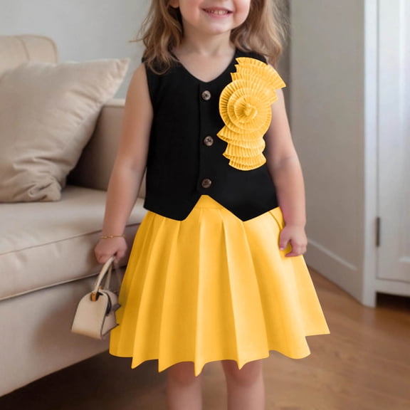 Xdegoge Girls 2 Piece Outfits Floral Vest Tops Solid Pleated Skirt Sets Decent Cute Casual Preppy Style Outfits for Back to School Daily Wear Size 3-10