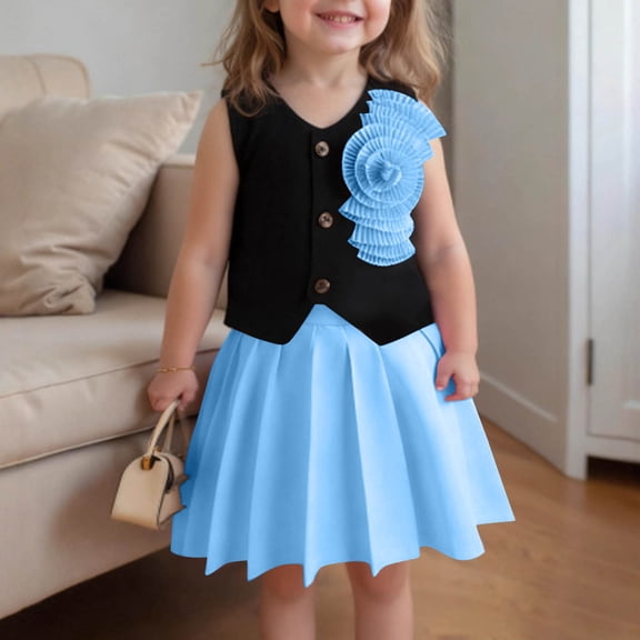 Xdegoge Girls 2 Piece Outfits Floral Vest Tops Solid Pleated Skirt Sets Decent Cute Casual Preppy Style Outfits for Back to School Daily Wear Size 3-10