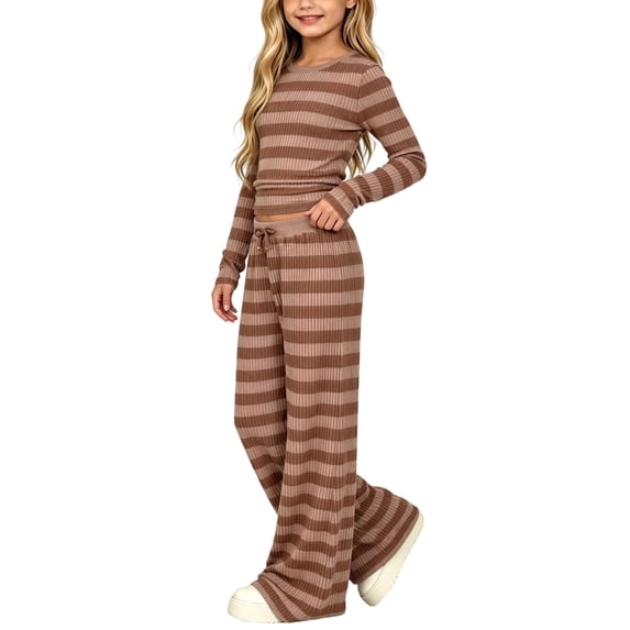 Xdegoge Girls 2 Piece Outfits Striped Ribbed Knit Long Sleeve Crop Top and Wide Leg Pants Set Casual Lounge Sweatsuits for Kids Fall Wear
