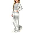 thumbnail image 1 of Xdegoge Girls 2 Piece Outfits Striped Ribbed Knit Long Sleeve Crop Top and Wide Leg Pants Set Casual Lounge Sweatsuits for Kids Fall Wear, 1 of 9