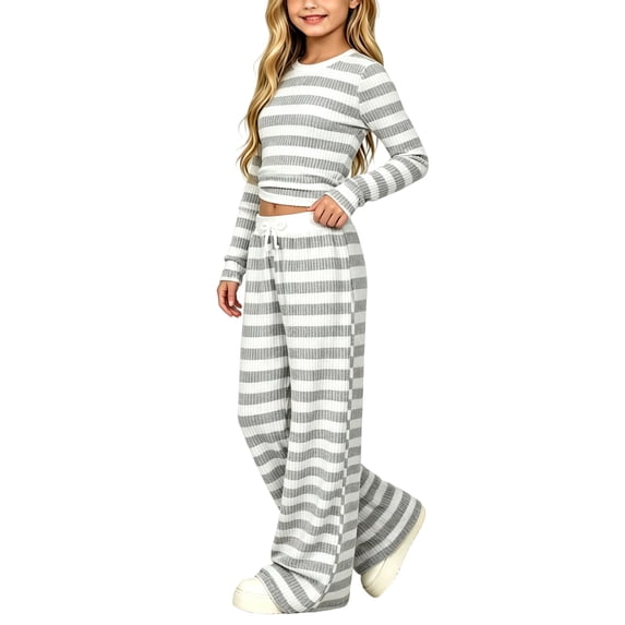 Xdegoge Girls 2 Piece Outfits Striped Ribbed Knit Long Sleeve Crop Top and Wide Leg Pants Set Casual Lounge Sweatsuits for Kids Fall Wear