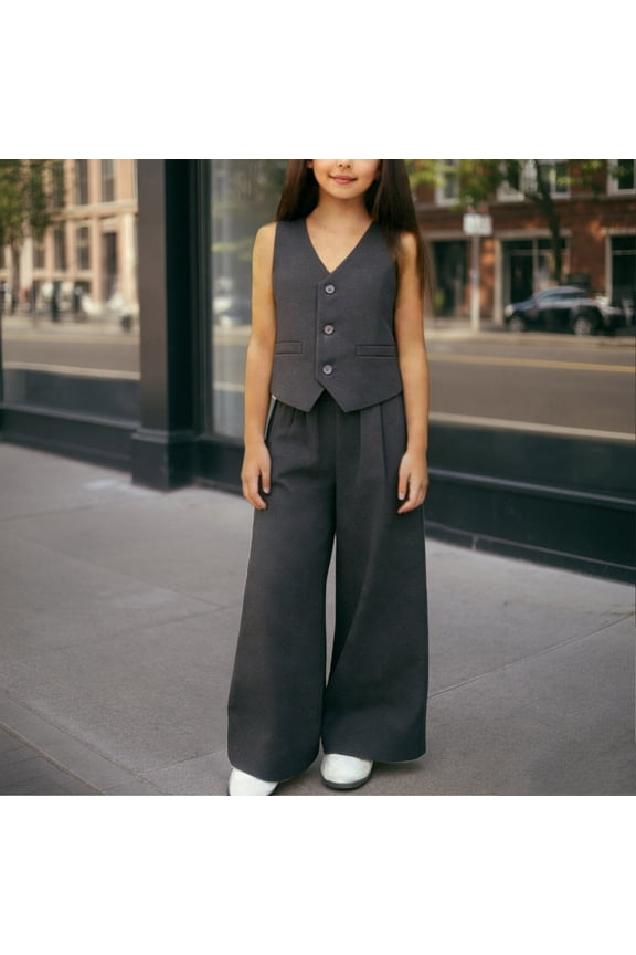 Girls 2 Piece Suit Set Sleeveless V-Neck Button Up Vest and Loose Fit Straight Leg Pants Outfits Kids Formal Birthday Party Wear, 1T-13Y
