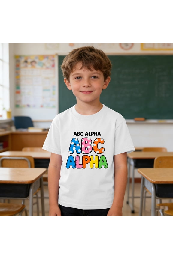 Girls ABC Alpha Learning T-Shirt, Colorful Alphabet Design for Early Education & Back-to-School Wear Short Sleeve Summer Tees 3-9Y