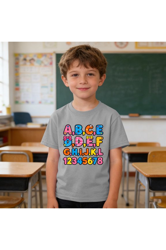 Girls ABC Numbers T-Shirt, Bright Letters & Digits Design for Learning & Classroom Fun Short Sleeve Summer Tees 3-9Y