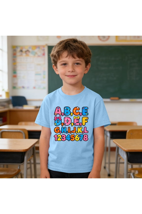 Girls ABC Numbers T-Shirt, Bright Letters & Digits Design for Learning & Classroom Fun Short Sleeve Summer Tees 3-9Y