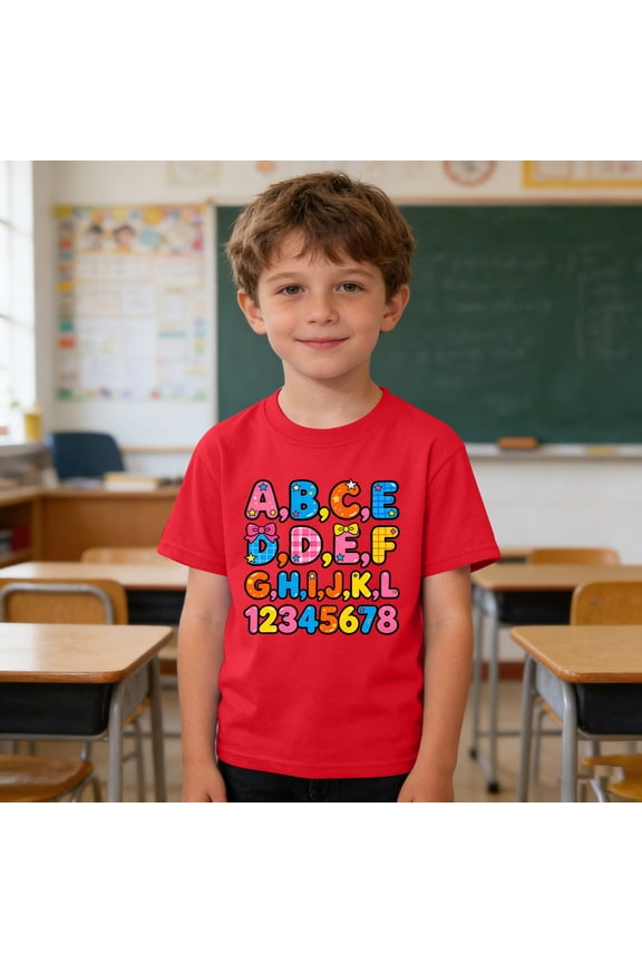 Girls ABC Numbers T-Shirt, Bright Letters & Digits Design for Learning & Classroom Fun Short Sleeve Summer Tees 3-9Y