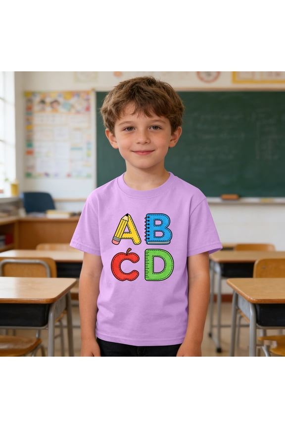 Girls ABCD Educational T-Shirt for Toddler, Kids, Tween – Fun Alphabet Design with Pencil, Notebook, , Ruler, Back to School Short Sleeve Summer Tees 3-9Y