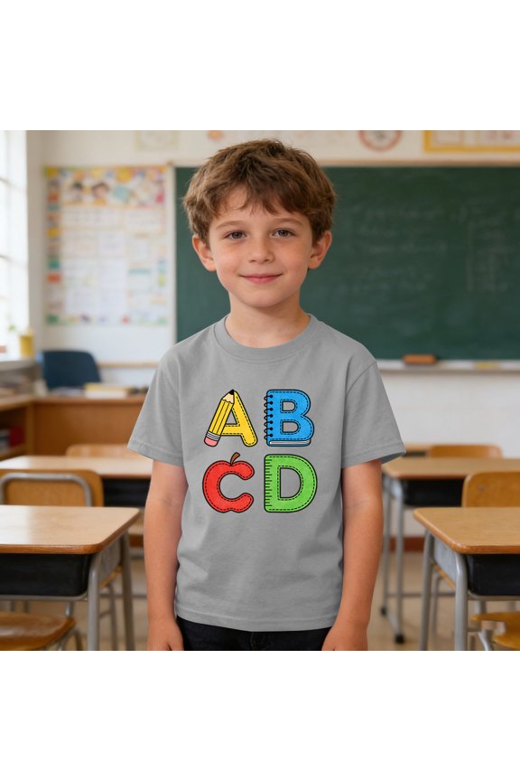 Girls ABCD Educational T-Shirt for Toddler, Kids, Tween – Fun Alphabet Design with Pencil, Notebook, , Ruler, Back to School Short Sleeve Summer Tees 3-9Y