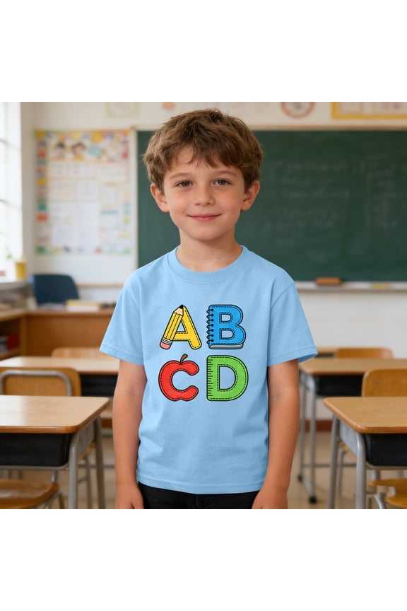 Girls ABCD Educational T-Shirt for Toddler, Kids, Tween – Fun Alphabet Design with Pencil, Notebook, , Ruler, Back to School Short Sleeve Summer Tees 3-9Y
