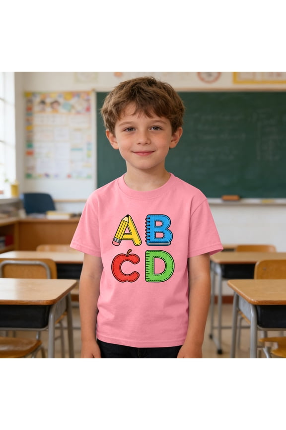 Girls ABCD Educational T-Shirt for Toddler, Kids, Tween – Fun Alphabet Design with Pencil, Notebook, , Ruler, Back to School Short Sleeve Summer Tees 3-9Y