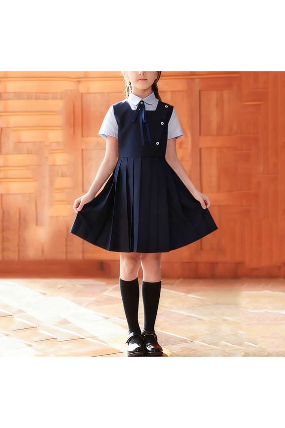 Girls Academic Uniform Set Short Sleeve Blouse and Side-Button Pleated Pinafore Dress Kids Performance Costume Class Daily Wear, 3T-15Y