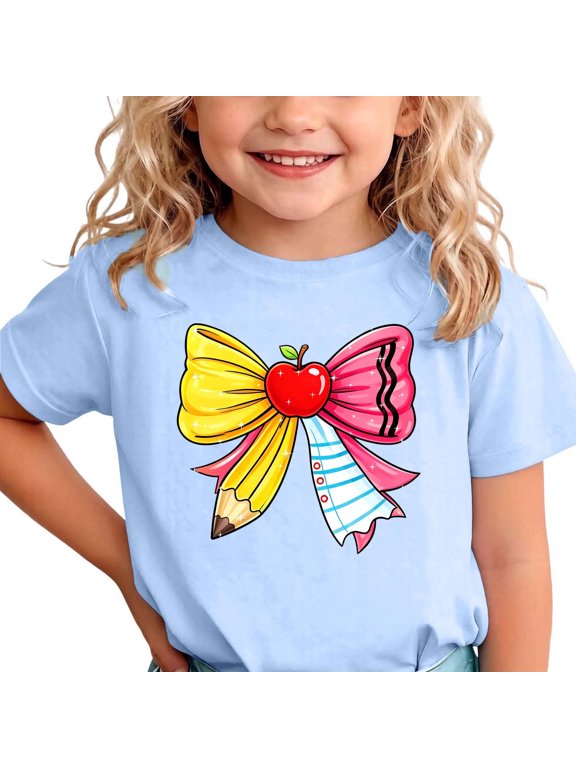 Girls Back to School T-Shirts Short Sleeve Cute Pencil Bow Graphic Tees Casual Summer Tops for Toddler Kids, Size 3-4T