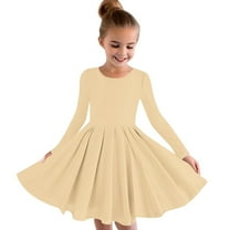 Xdegoge Girls Ballet Outfit Long Sleeve Ballet Leotards for Girls Solid Color Stretchy Dance Clothes Spring Summer A Line School Performance Dress Beige 5T Vestidos Para Niñas